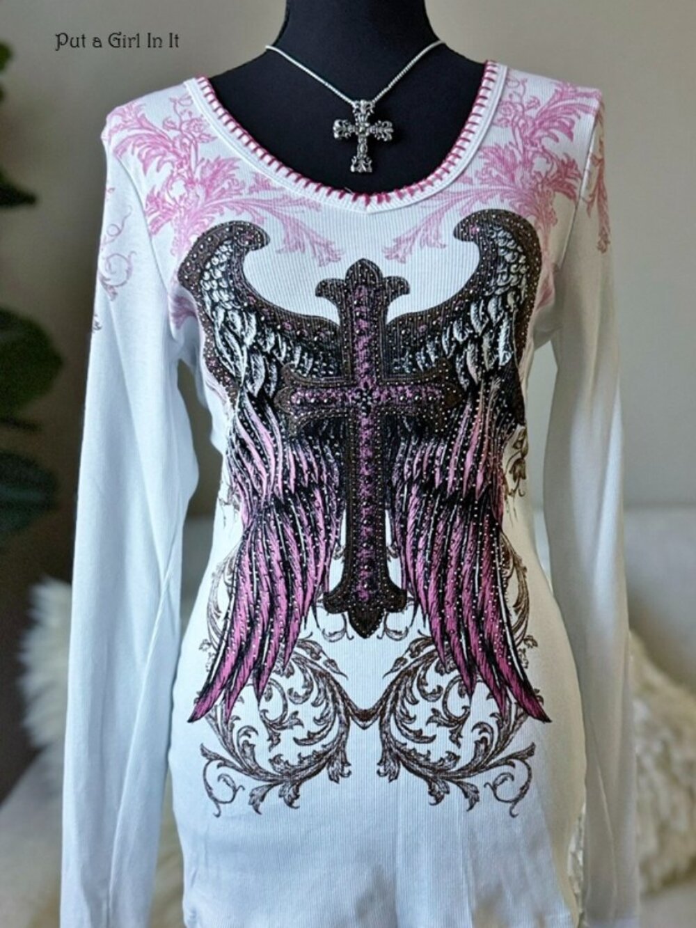 USA New Vocal Apparel Women's Crystal White Cross Angel Wings Whipstitch Shirt M